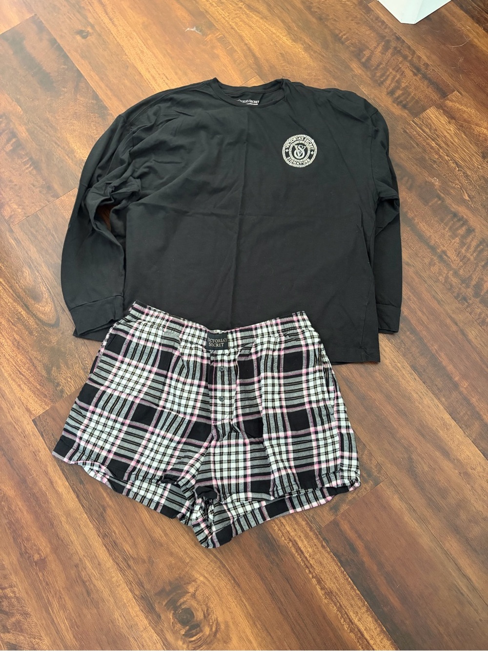 Victorias Secret Long-Sleeve Top with Black & Pink Plaid Pajama Shorts - Small